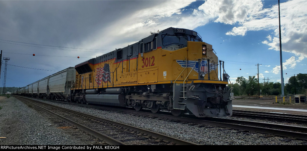 UP 3012 First UP SD70AH off the 20146140 Series Rolls into The UP Ogden Yard as A Rear DPU on a Grain Train. 